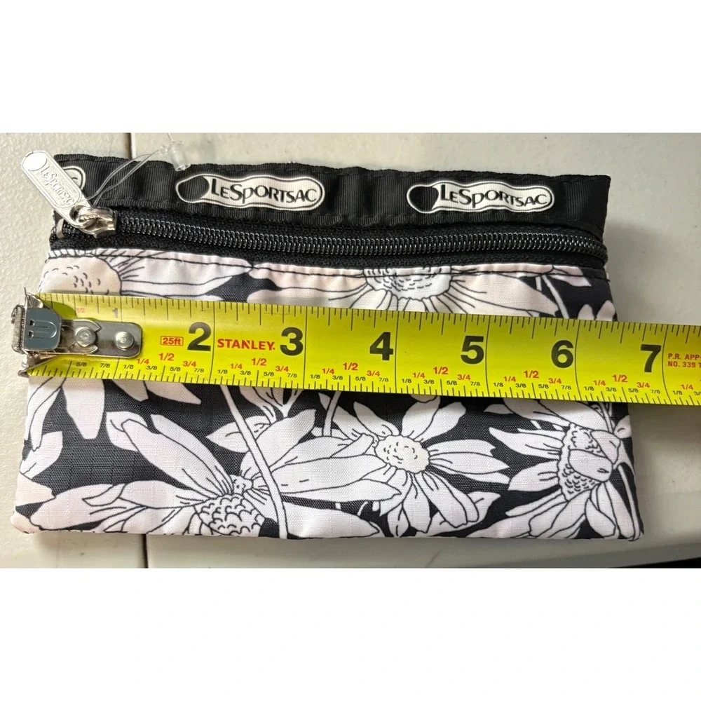 LeSportsac Pouch Floral Daisy Zippered Cosmetic Bag Womens Black White Wallet